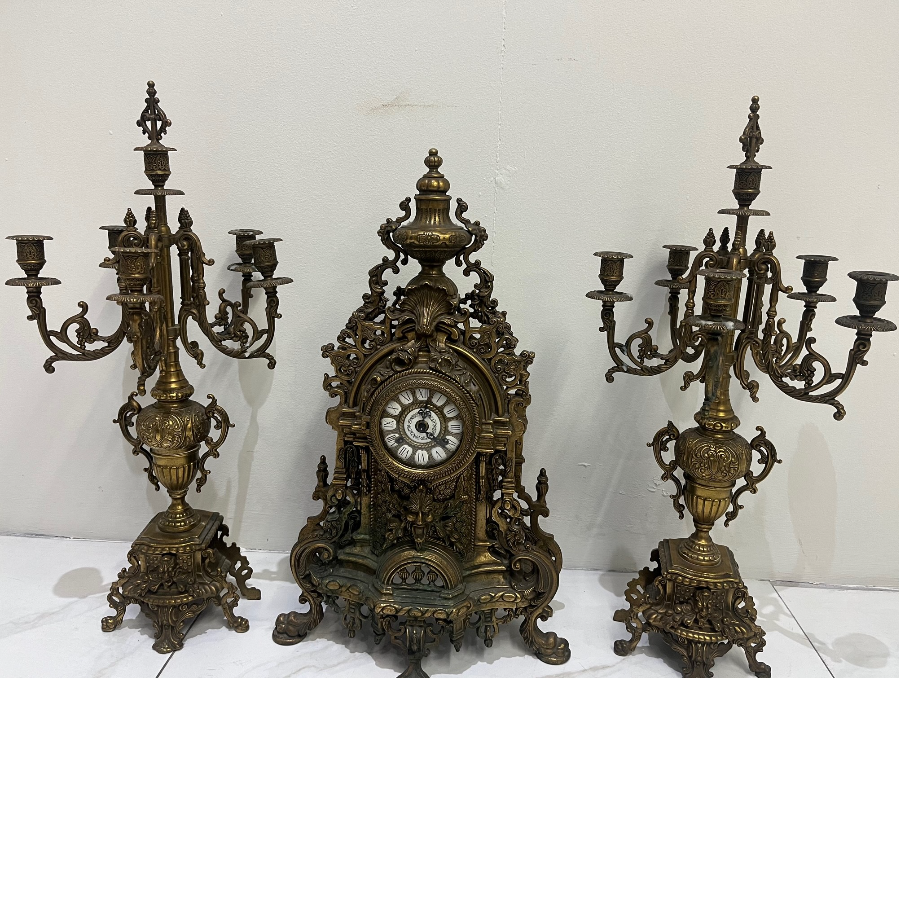 Beautiful Solid Brass French Mantle Clock with Two Matching Candleabras - VIN986G
