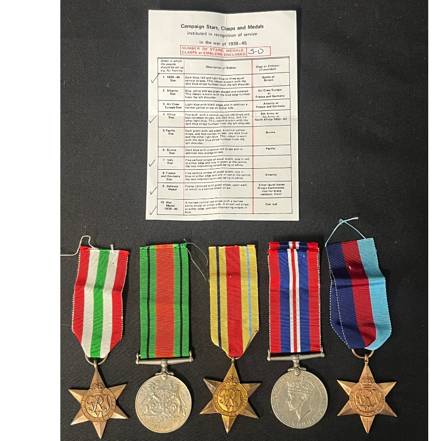 Set of 5 WW2 Medals - 1939-45, Africa & Italy Stars, War & Defence Medal - VIN1019C