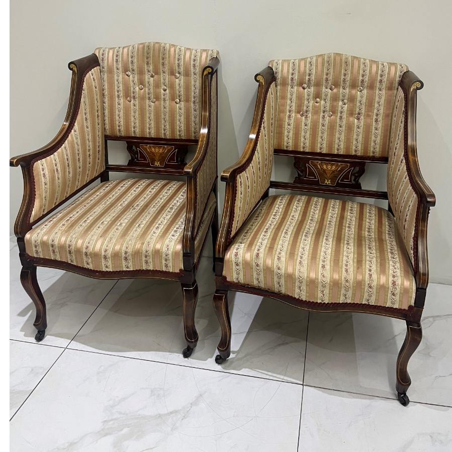 Antique Chairs with Inlaid Carpentry on Castors - 2 Available - VIN1084Y