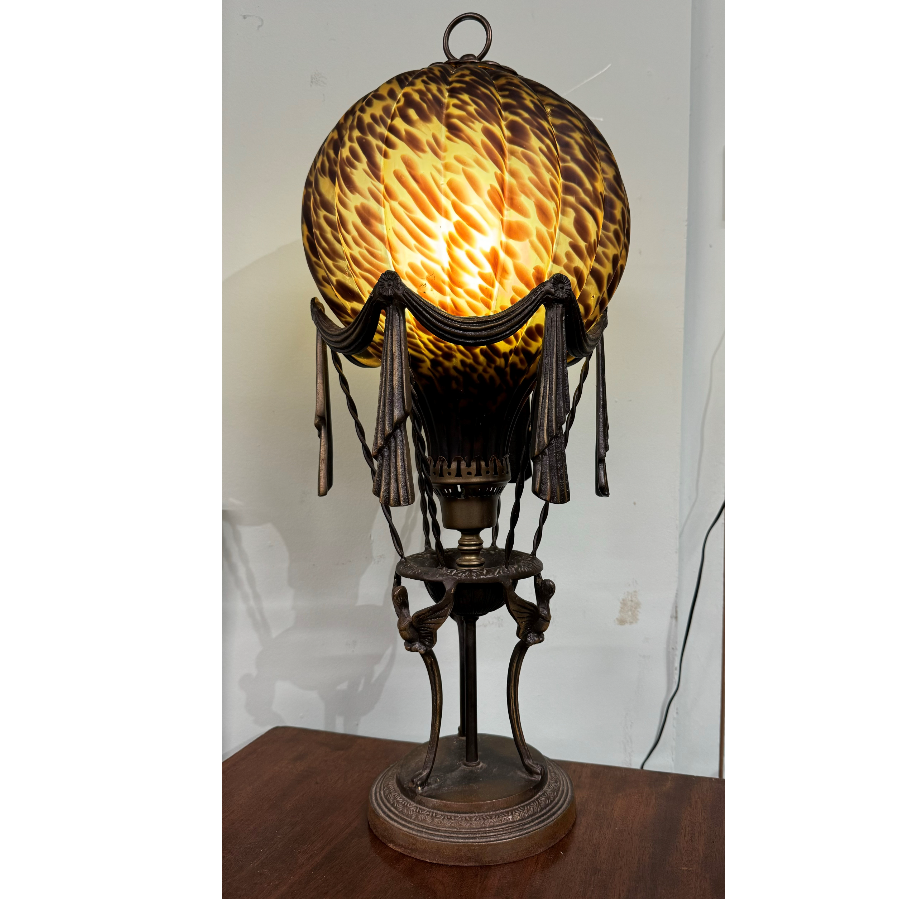 A Maitland Smith Style Art Deco Hot Air Balloon Lamp with Amber Glass Shade - VIN1084D