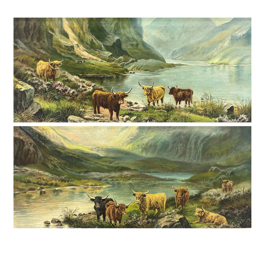 Original Pair 1912 Oil Paintings of Highland Cattle in the Scottish Highlands Signed - VIN1056E