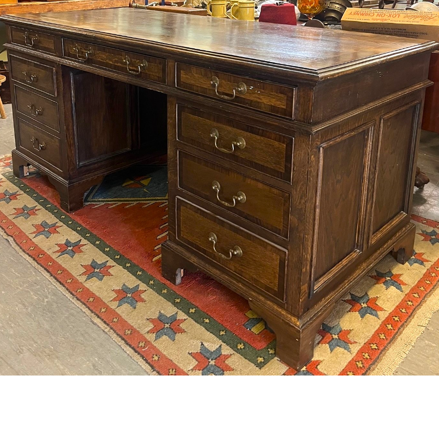 Antique Solid Oak 9 Drawer Pedestal Desk - VIN1114Q