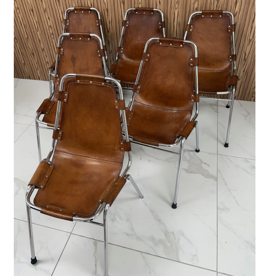 Set of 6 1960s Brown Leather Stackable Charlotte Perriand 'Les Arcs' by Dal Vera - VIN